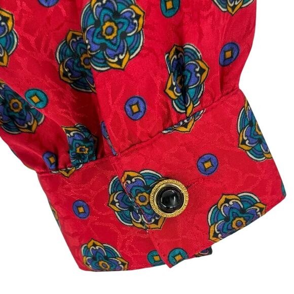 Vintage 1980s Satin Jacquard Printed Button Front Shirt Women 16 XL Red Brocade - Picture 10 of 10